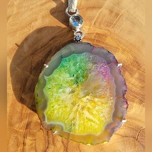 925 Silver Plated Rainbow Solar Quartz Blue Topaz 2.75" Pendant Natural Gemstone